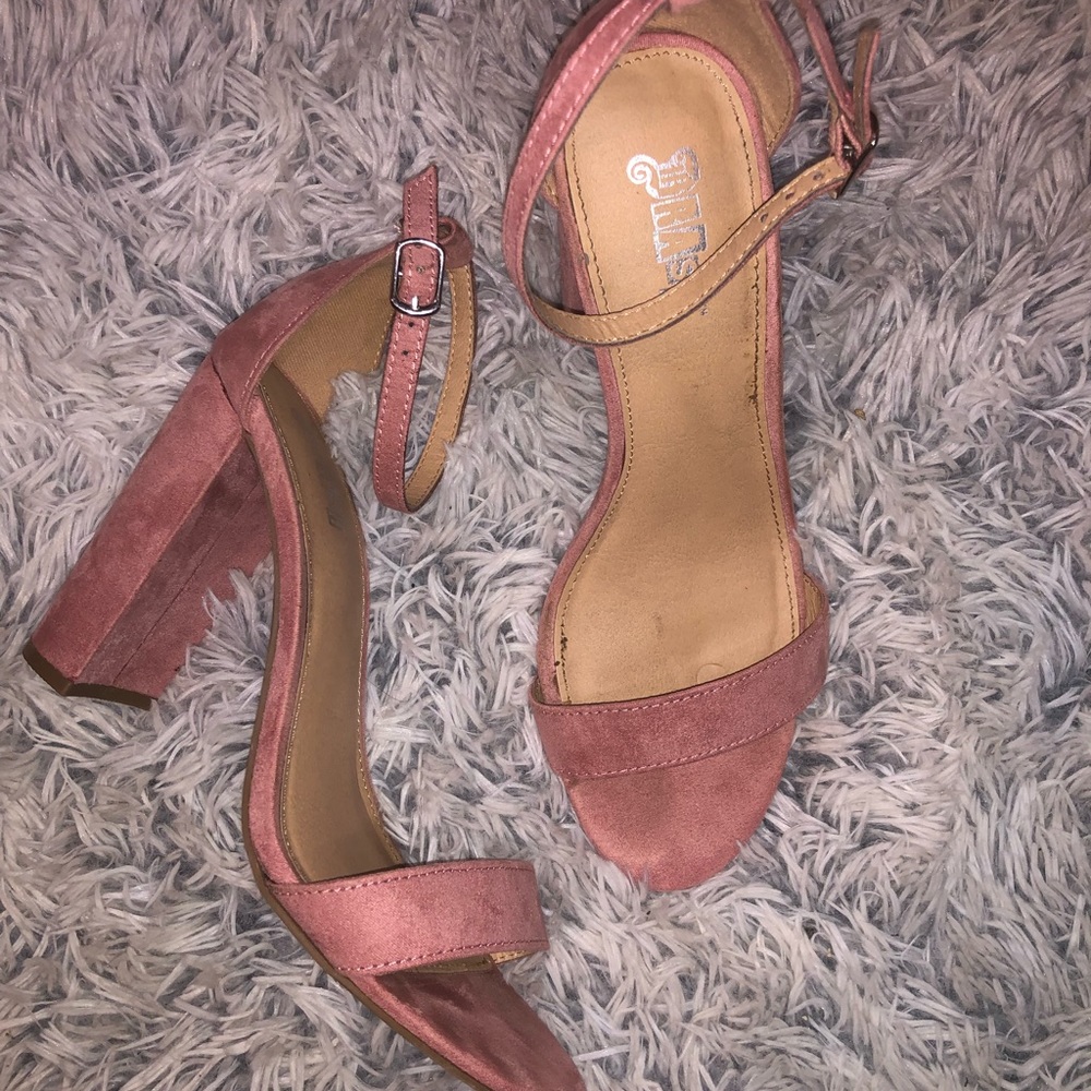 Blush suede block heel strappy sandals